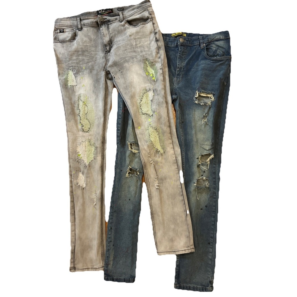 2‎ Pair Men's Distressed Denim Skinny Jeans Size 38 Grunge Patchwork Painted
